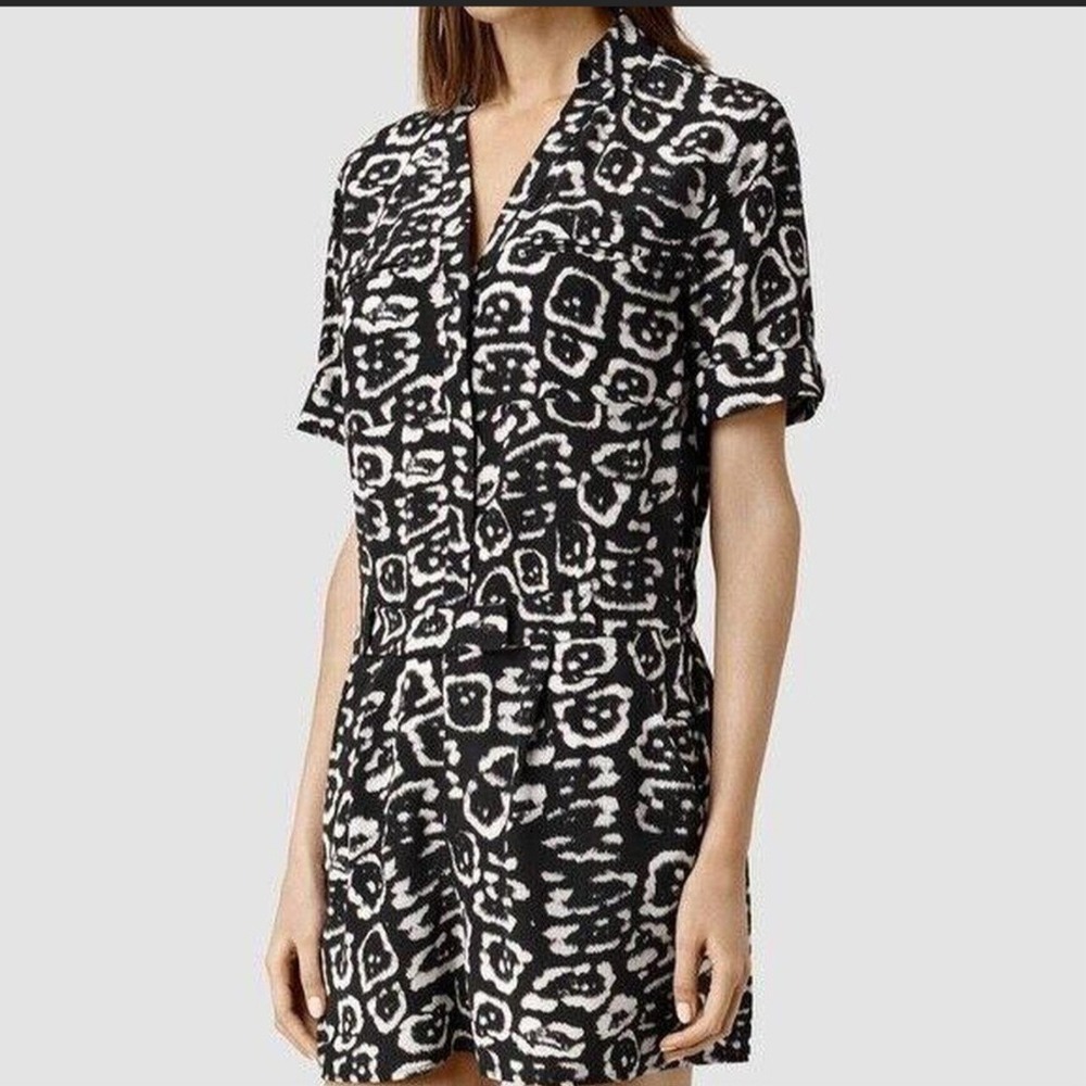 AllSaints Jade Felix Silk Playsuit Romper Black White Animal Print US 8 UK‎ 12